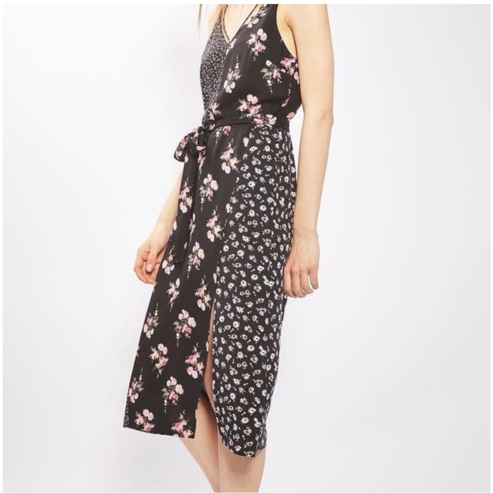 Topshop Mixed Floral Print Midi Dress Black Pink V-Neck Tie Waist Womens Size 4